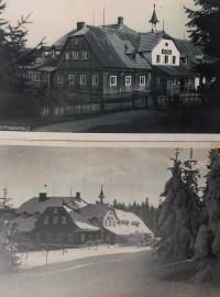 Historické snímky smědavské chalupy na dobových pohlednicích.