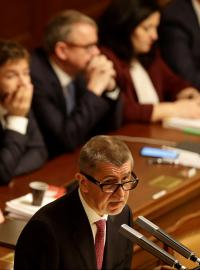 Premiér Andrej Babiš při svém projevu během hlasování o důvěře vládě