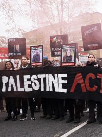 Organizace Palestine Action na pro-palestinském protestu v Londýně