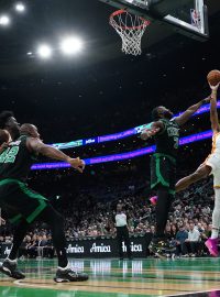 Atlanta Hawks forward Jalen Johnson (1) shoots against Boston Celtics guard Jaylen Brown (7) in the first quarter at TD Garden