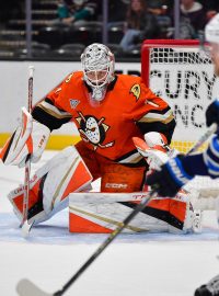 Lukáš Dostál za Anaheim Ducks brání před střelou Nikolaje Ehlerse z Winnipeg Jets (18. prosince 2024)