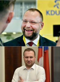 O post předsedy KDU-ČSL se na pražském sjezdu budou ucházet předseda lidoveckého sněmovního klubu Jan Bartošek (vlevo nahoře), europoslanec Tomáš Zdechovský (vpravo nahoře) a exministr zemědělství Marian Jurečka (vlevo dole)