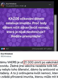 Ukázky toho, co Eva Hrdinová sdílela na sociálních sítích