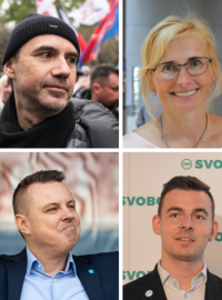 Na širokou frontu konzervativních nacionalistů a vlastenců to pro eurovolby nevypadá. Horní řada zleva Ladislav Vrabel, Kateřina Konečná, Jiří Paroubek. Dolní řada zleva Jindřich Rajchl, Libor Vondráček a Hynek Blaško