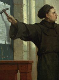 Martin Luther přibíjí svůj text 95 tezí na dveře wittenbergského kostela: legenda o počátku křesťanské reformace znázorněná na obrazu Ferdinanda Pauwelse (1830–1904).