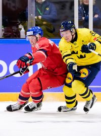 Český hokejový útočník Jakub Rychlovský v boji o puk se švédským soupeřem Marcusem Sylvegĺrdem