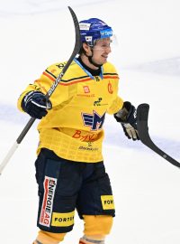 Nick Olesen (vlevo) vstřelil v zápase proti Pardubicím hattrick, České Budějovice vyhrály 6:1