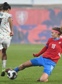 Česká fotbalistka Kamila Dubcová v souboji o míč