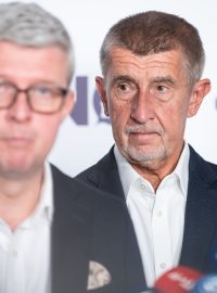 Andrej Babiš a Karel Havlíček na tiskové konferenci ANO